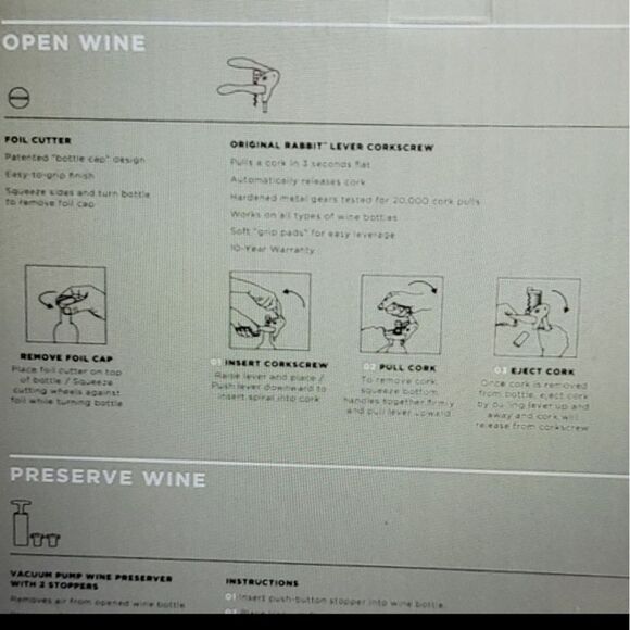 NEW 6 PIECE WINE PRESERVER + CORKSCREW silver stainless matching SET RABBIT NWT - Picture 5 of 6